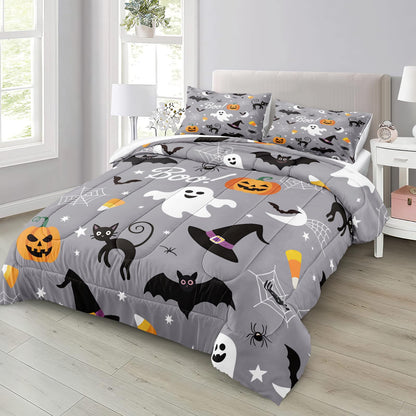 Merryword Halloween Bedding Comforter Set King Size Pumpkin Comforter Cute Pumpkin Ghost Pattern Cartoon Halloween Bedding Sets with 1 Cushion Cover (King, Cartoon)