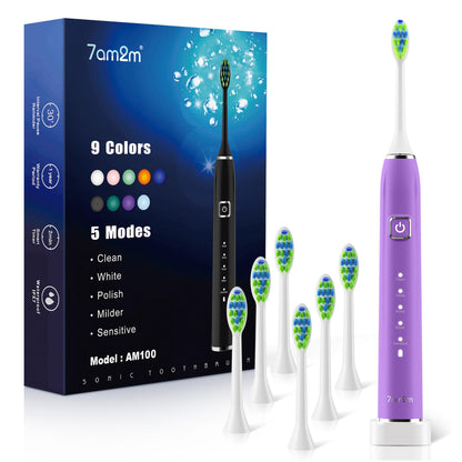 7AM2M Sonic Electric Toothbrush with 6 Brush Heads for Adults&Kids, One Charge for 120 Days, Wireless Fast Charge, 5 Modes, 40000VPM Powered Toothbrush, 2 Minutes Built in Smart Timer (Black)