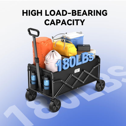 Collapsible Foldable Wagon, Foldig Wagon with Wheel Heavy Duty with 180lbs Weight Capacity Lightweight Utility Camping Cart for Groceries Garden Beach Sports Fishing (Black)