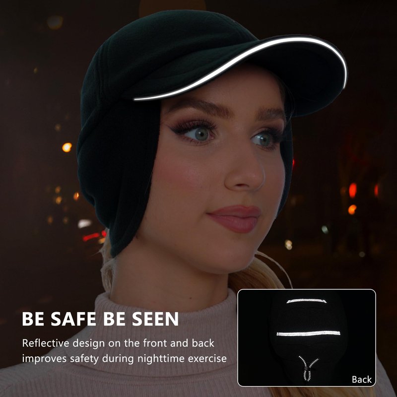 GADIEMKENSD Fleece Winter Hats for Women Reflective Ponytail Hat with Ear Flap Drop Down Ear Warmer Visor Beanie Double Ponytails Hole Baseball Cap for Running Skiing Workout Black