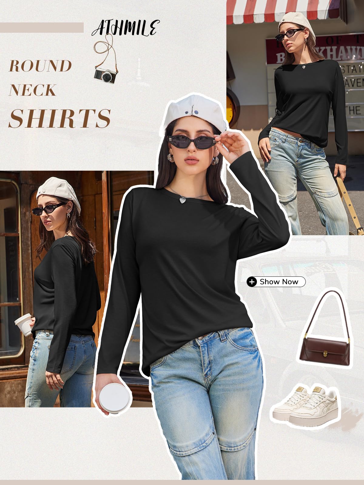 ATHMILE Ladies Loose Fit Basic Tee Fall Outfits 2025 Women Underscrub Long Sleeve Tops Fashion Crew Neck Shirts Fall Blouse Trendy Black