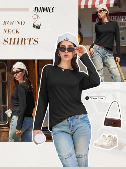 ATHMILE Ladies Loose Fit Basic Tee Fall Outfits 2025 Women Underscrub Long Sleeve Tops Fashion Crew Neck Shirts Fall Blouse Trendy Black