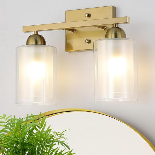 Stainless Steel Bathroom Vanity Light Over Mirror, 2 Light Brushed Gold Bathroom Light Fixtures with Milk Glass and Clear Glass Shades, Modern Vanity Lighting Wall Mount