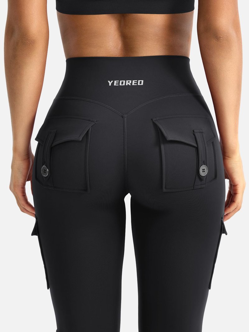 YEOREO CoreFlex Women Workout Flare Leggings with Pockets Scrunch Cargo Gym Yoga Leggings Black XXL