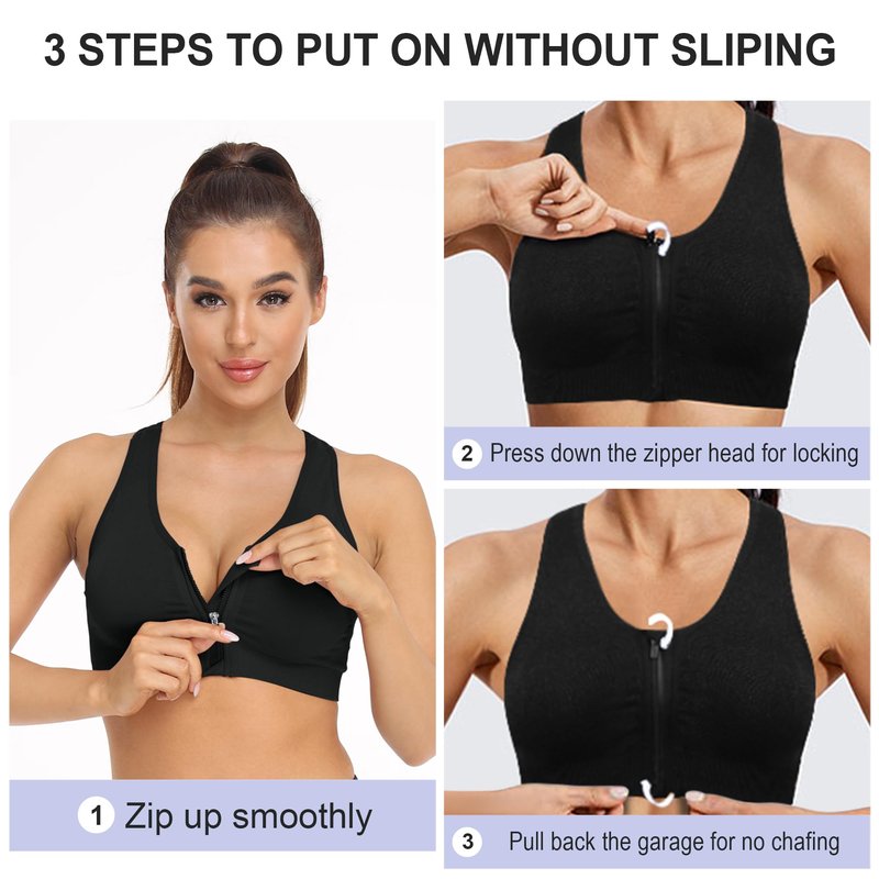 Women's Zip Front Sports Bra Wireless Post Surgery Bra Padded Surgical Bra Racerback Workout Bras Active Yoga Sports Bras Mastectomy Bras for Women Plus Size