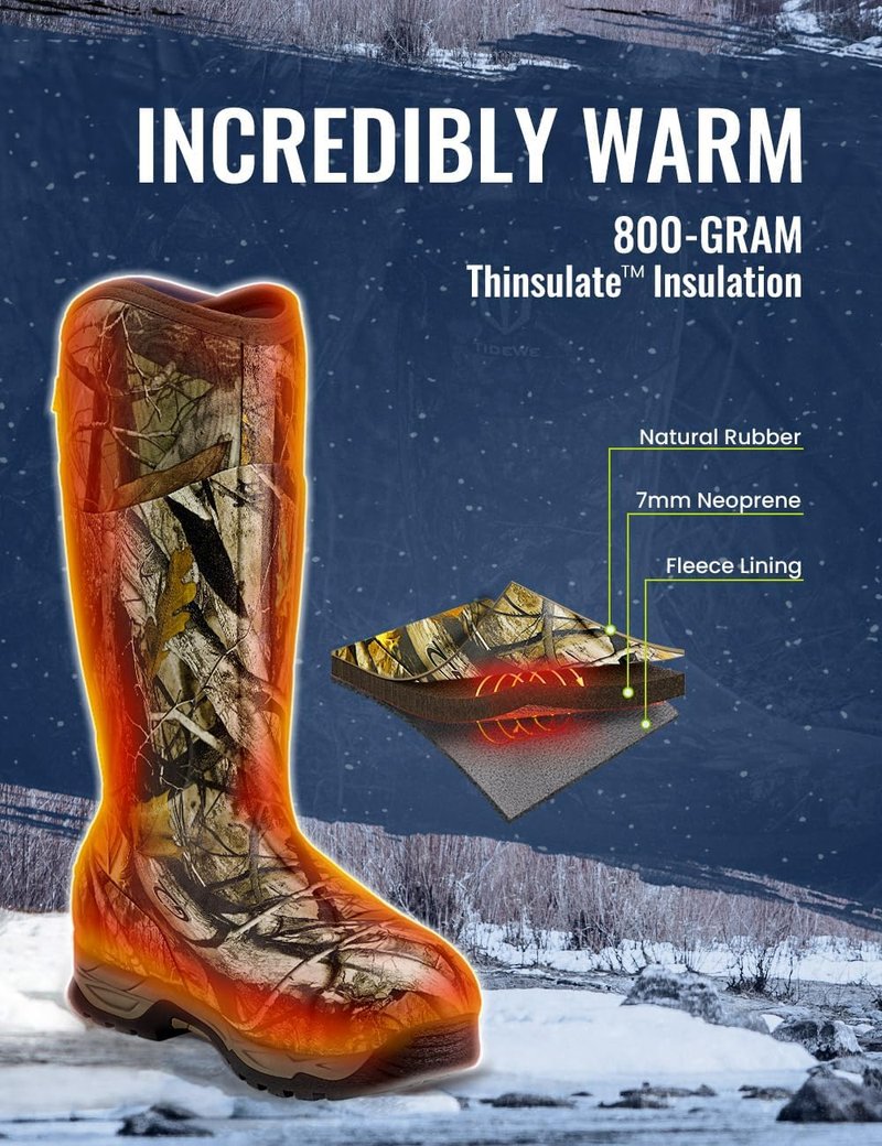 TIDEWE Waterproof Insulated Rubber Hunting Boots - 7mm Neoprene, Camo G2 | Sizes 6-14