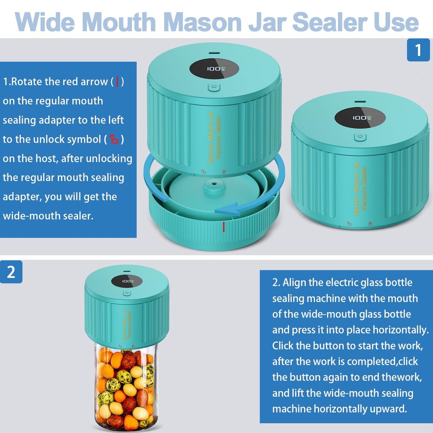 LOVE MOMENT Electric Mason Jar Vacuum Sealer Kit for Wide Mouth and Regular Mouth Mason Jar - Green