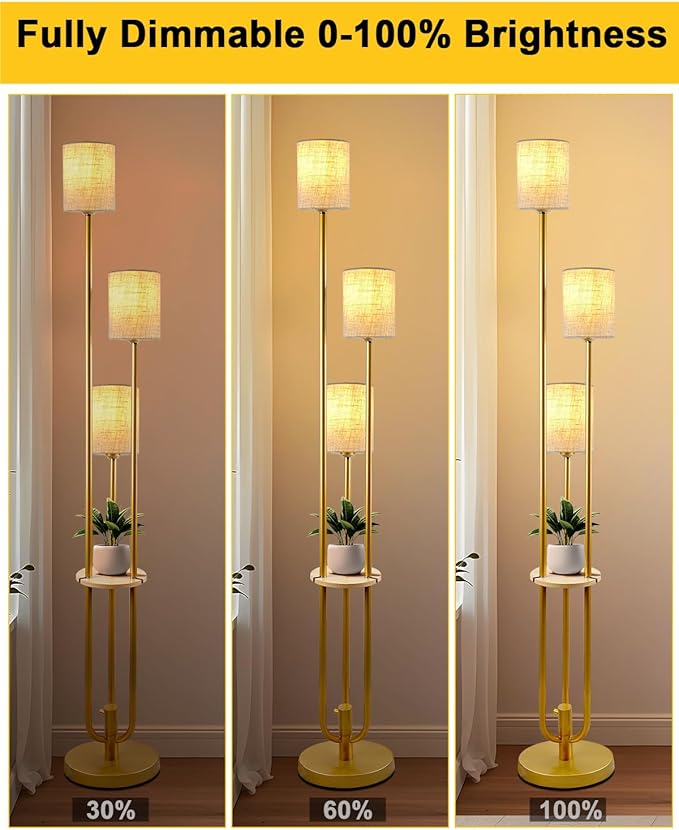 Lightdot 64Inch Floor Lamp with Table Dimmable Gold Floor Lamp for Living Room 3 Lights Candle Holder Style Mid Century Modern Tall Standing Lamp with Fabric Shade for Bedroom Corner(Bulbs Included)
