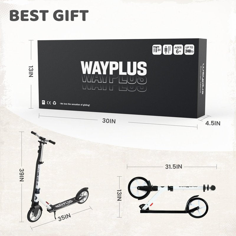 WAYPLUS Kick Scooter for Ages 6+,Kid, Teens & Adults. Max Load 240 LBS. Foldable, Lightweight, 8IN Big Wheels for Kids, Teen and Adults, 4 Adjustable Levels. Bearing ABEC9