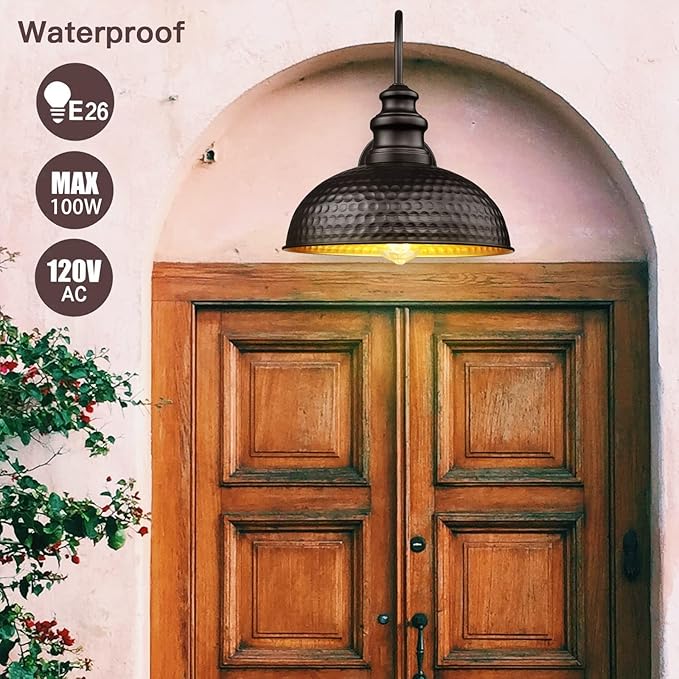 Farmhouse Outdoor Barn Light Fixtures, 12 Inch Dome Gooseneck Exterior Wall Lights, Rustic Outdoor Wall Sconces Outside Wall Mount Lantern with Bead Shape for Home, Porch, Garage, Doorway
