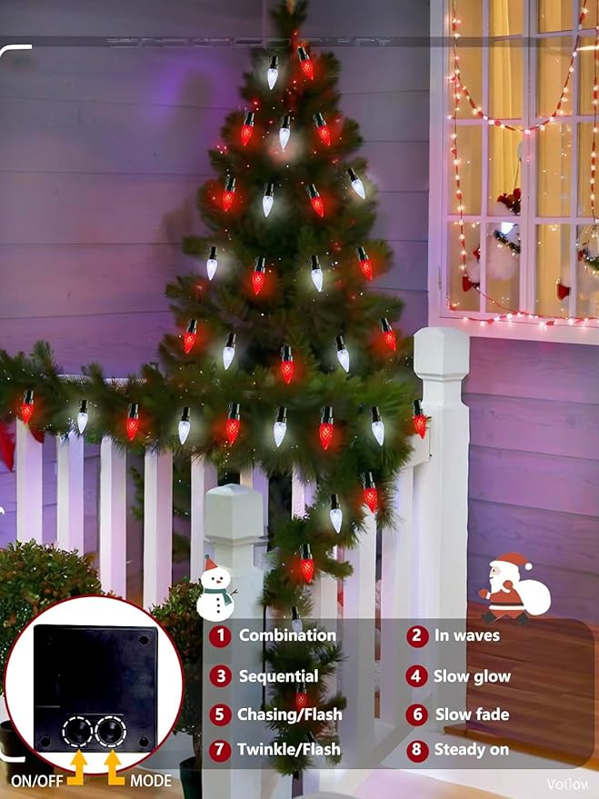 C6 Solar Christmas Lights Outdoor, 50 LED 16FT Christmas Decorations Outdoor Waterproof, Solar String Lights for Outside with 8 Modes, Fairy Twinkle Light for Tree Garden Xmas Decor (Red and White)