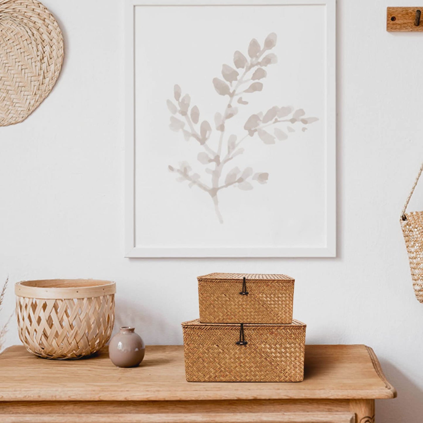 Wicker Storage Basket Woven Rattan Storage Box With Lids Seagrass Laundry Baskets Makeup Organizer For Bathroom, Living Room, Kitchen (M)