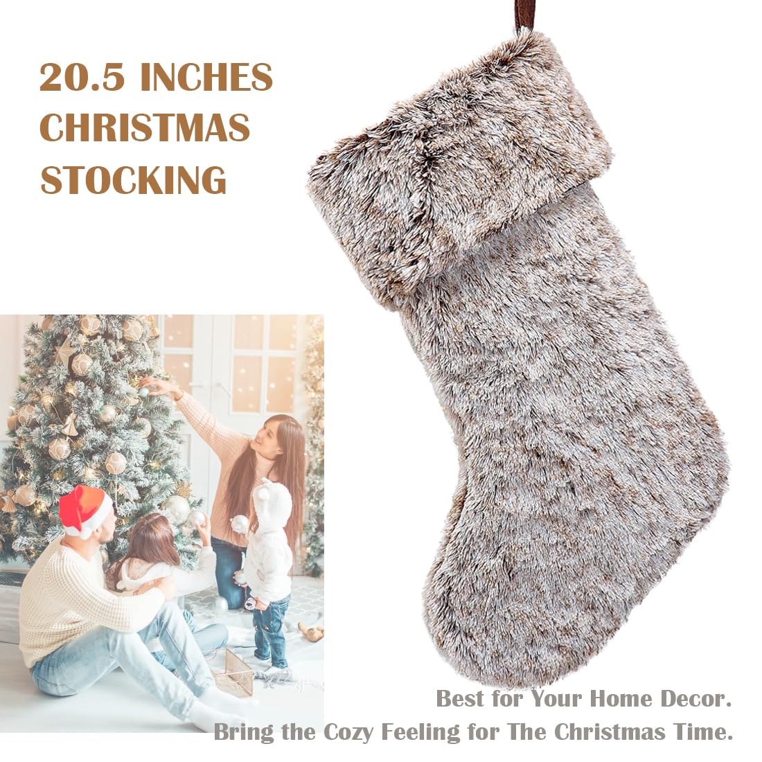 GMOEGEFT Christmas Stocking 20 Inches Brown Plush Faux Fur Xmas Tree Holiday Decorations