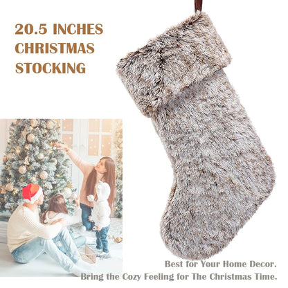 GMOEGEFT Christmas Stocking 20 Inches Brown Plush Faux Fur Xmas Tree Holiday Decorations
