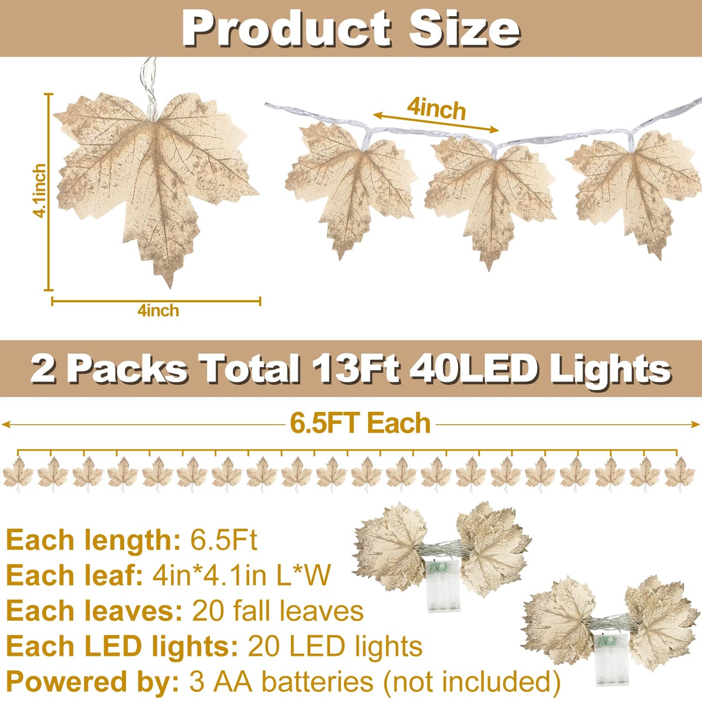 Timer - 2 Pack Fall Decor Fall Garland with Lights Fall Decorations for Home, Lighted Maples Leaves Garland Total 13Ft 40LED Battery Operated Halloween Thanksgiving Decor Home Indoor Outdoor Christmas