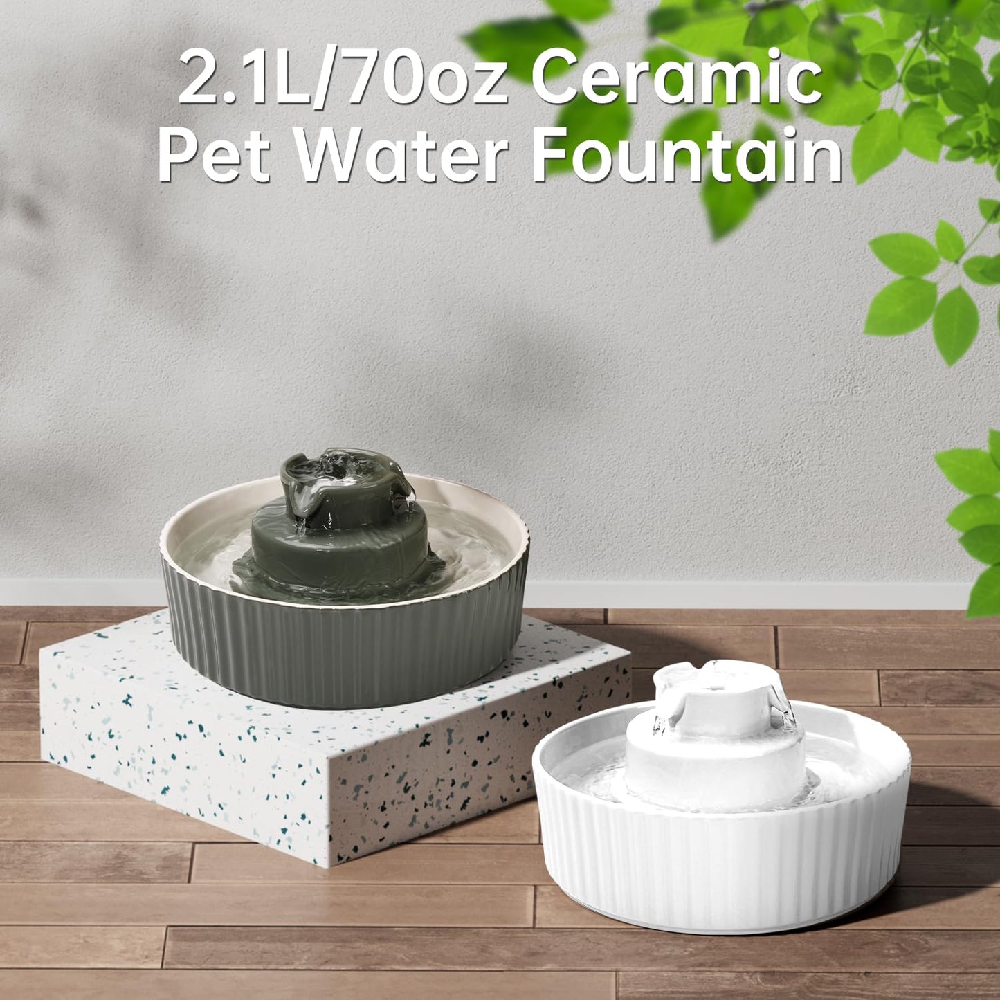 Ceramic Cat Water Fountain, 2.1L/70oz Ceramic Pet Water Fountain Automatic Cat Drinking Fountains Pet Water Bowl, Porcelain Cat Water Dispenser with Ultra-Quiet Pump for Cats and Dogs(Grey)