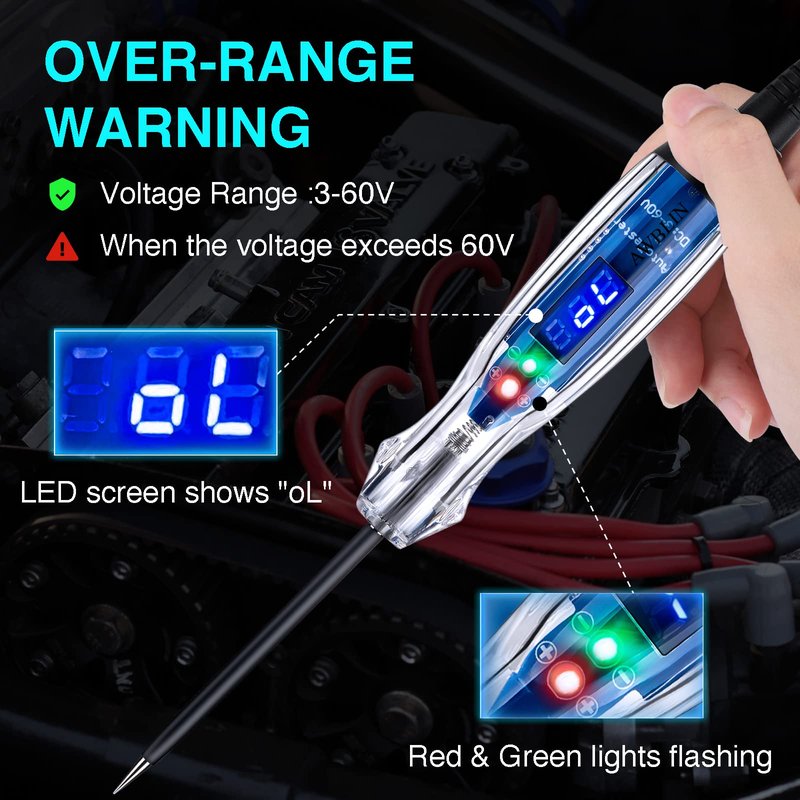 AWBLIN Automotive Test Light 3-60V DC Digital LED Circuit Tester, Heavy Duty Light Tester with Voltmeter, Auto Bidirectional Voltage Tester Electric Test Pen