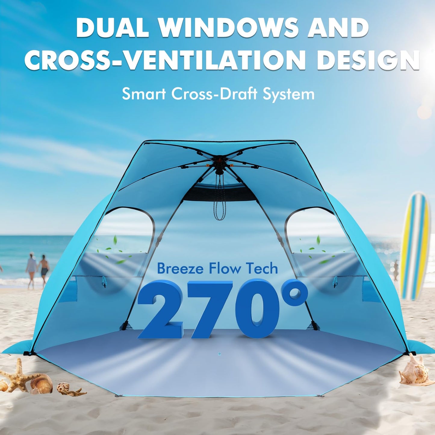 Elegear Beach Tent with Canopy 4-6 Person, 1-Second Umbrella-Style Setup Pop Up Sun Shelter Shade, UPF 50+ UV Protection Four-Layer Silver-Coated Lightweight Portable Beach Cabana - Aqua Blue