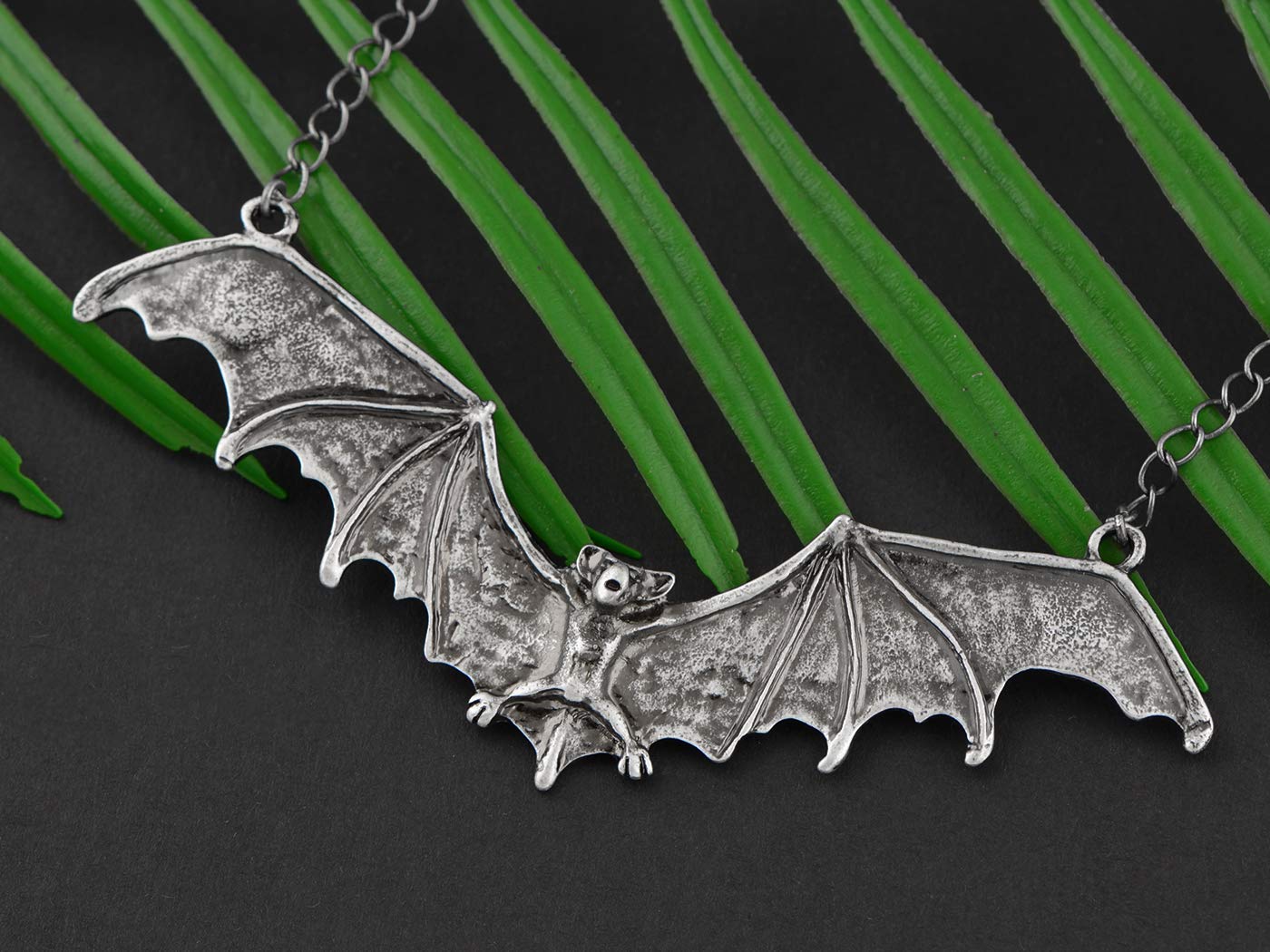 Alilang Frightening Halloween Enamel Paint Flying Bat Metal Chain Pendant Necklace, Antique Silver