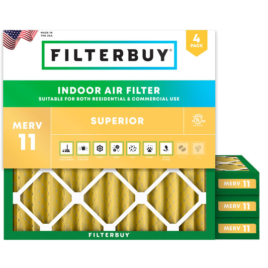 Filterbuy 18x18x2 Air Filter MERV 11 Superior Pet & Allergy Defense (4-Pack), Electrostatic Pleated HVAC AC Furnace Filters Replacement, Made in USA (Actual Size: 17.75 x 17.75 x 1.75)