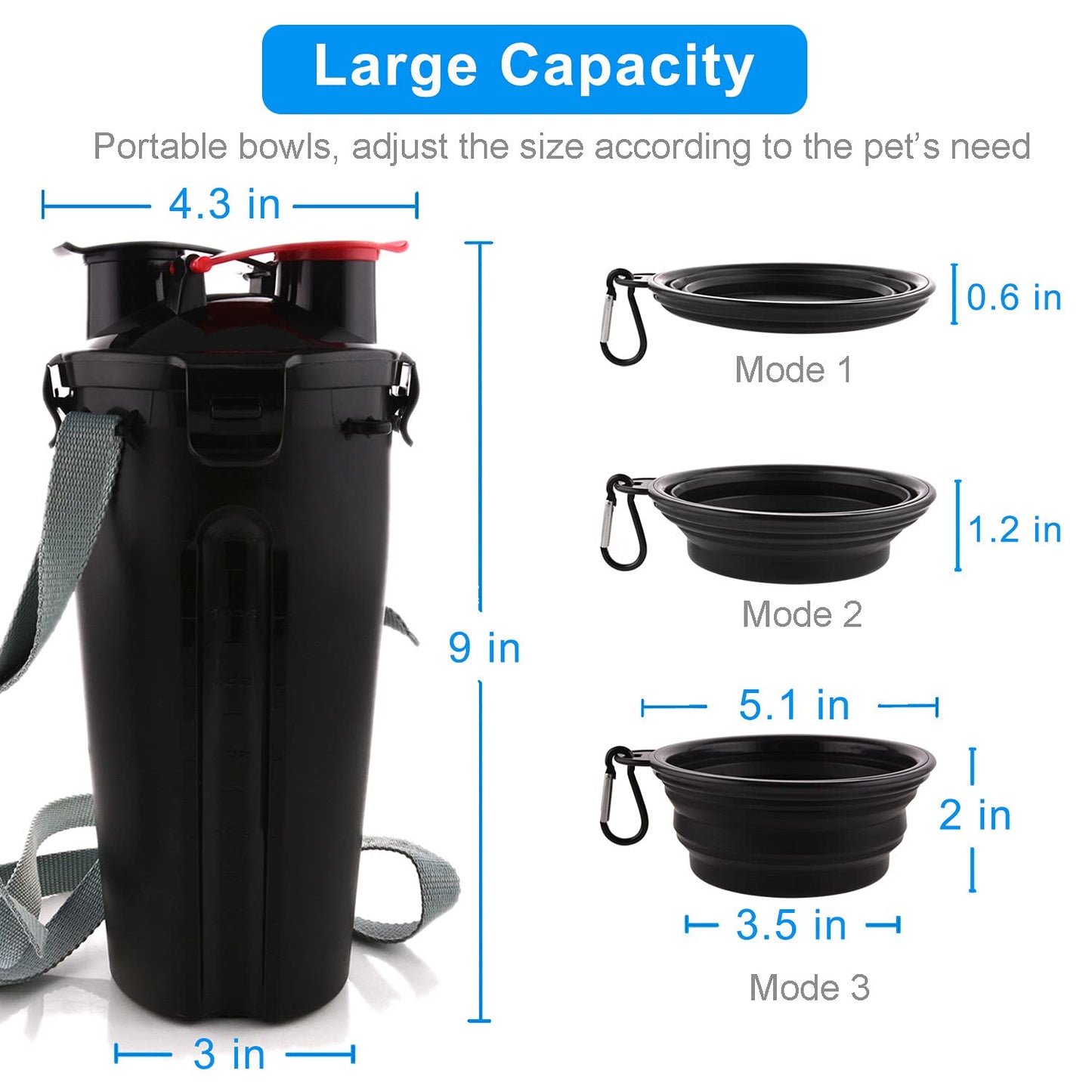 Dog Travel Water Bottle Collapsible Bowls, 2 in 1 Pet Food Container with Collapse Bowls, Outdoor Portable Water Bowls for Walking, Traveling, Camping and Hiking (Black)