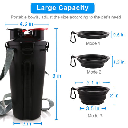 Dog Travel Water Bottle Collapsible Bowls, 2 in 1 Pet Food Container with Collapse Bowls, Outdoor Portable Water Bowls for Walking, Traveling, Camping and Hiking (Black)