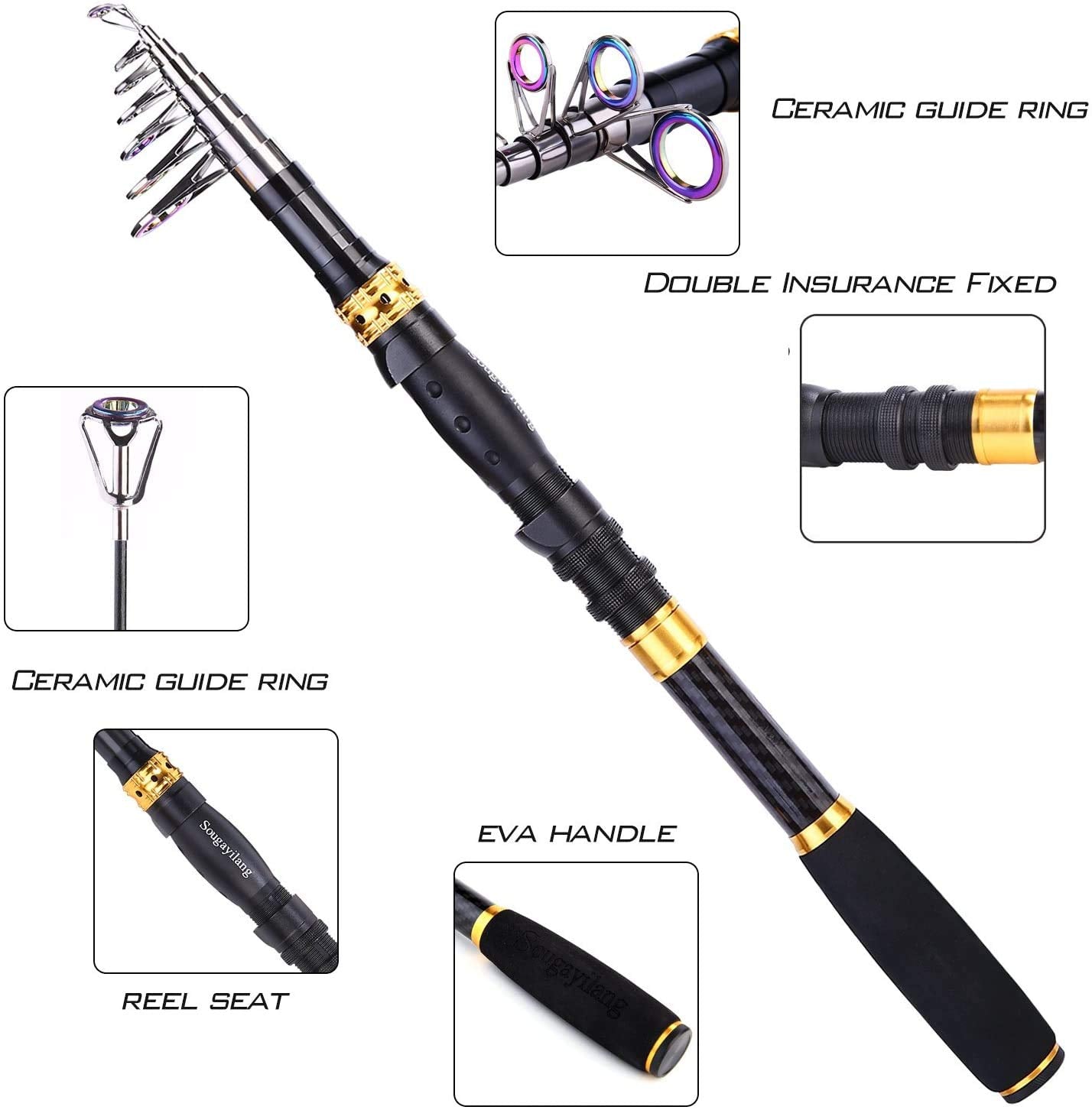 Sougayilang Fishing Rod Reel Combos Carbon Fiber Telescopic Pole with Spinning Reel Line Lures, Fishing Gear Accessories for Travel Saltwater Freshwater Fishing-2.1M/6.89Ft