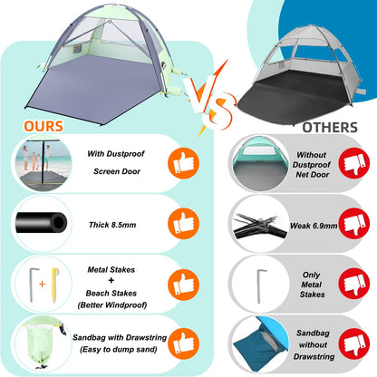 Happy Travel Beach Tent Sun Shelter for 3/4/5/6/7/8 Person, Portable UPF 50+ UV Protection Beach Shade Canopy for Family & Baby, Lightweight & Easy Setup Beach Cabana with 3 Ventilation Mesh Windows