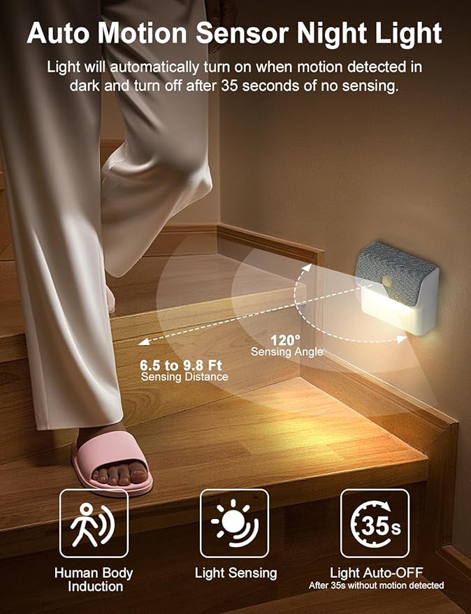 LED Linkage Motion Sensor Night Light, Magnetic Stick-On Motion Activated Light, Rechargeable Battery Powered Wall Lamp, Dimmable Warm White Light, for Bedroom, Hallway, Stairs, Kitchen, 3 Pack