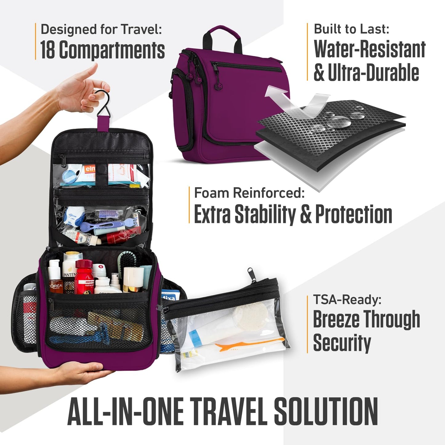 VENTURE 4TH Hanging Travel Toiletry Bag for Women & Men - Travel Organizer with Expandable Compartments & Removable Clear Pouch for Toiletries, Purple, Plain