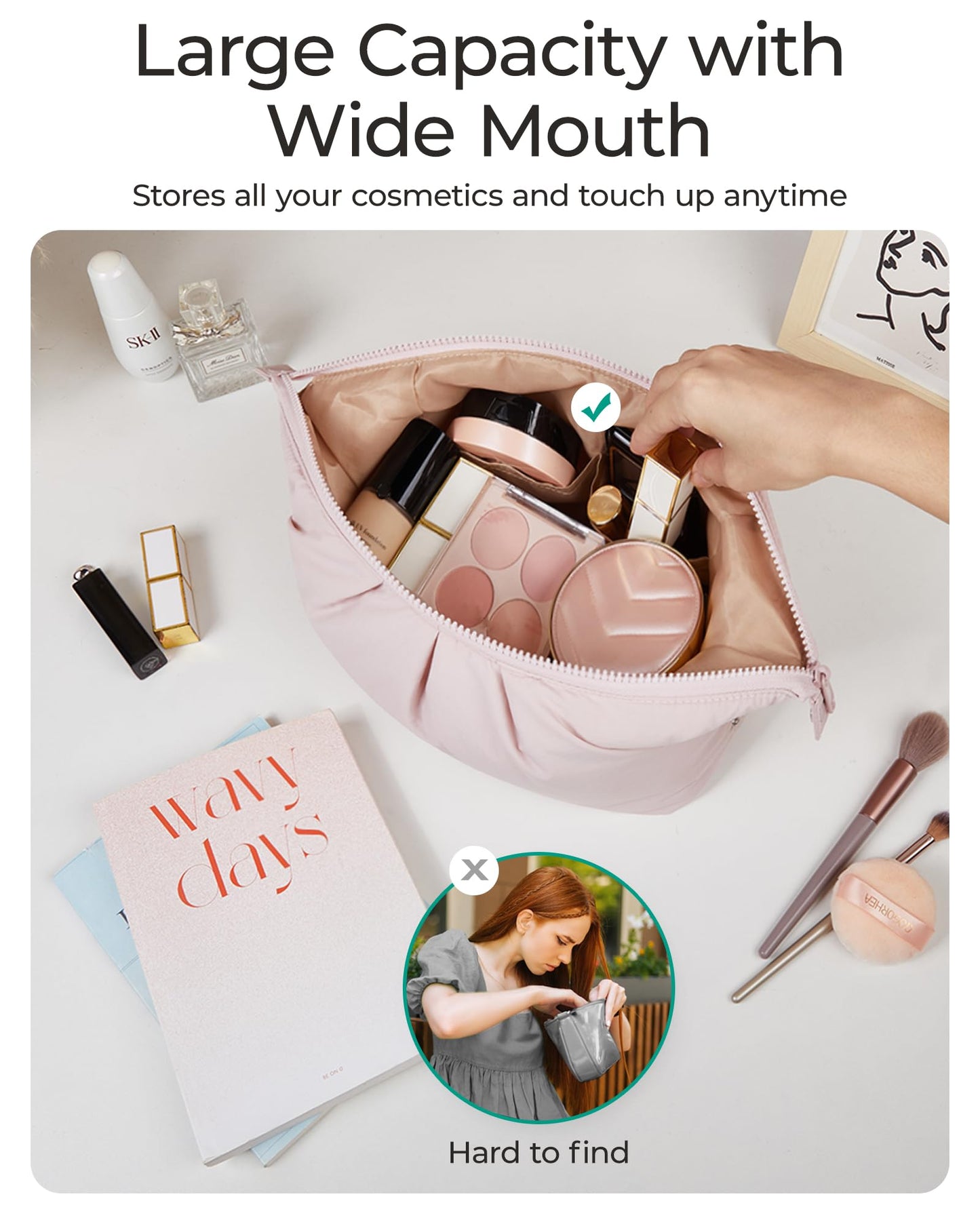 BAGSMART Makeup Bag Travel Toiletry Bag, Cute Make Up Bag, Large Capacity Cosmetic Bags for Women, Wide-open Makeup Pouch Travel Essentials Toiletries Accessories Brushes (Pink)