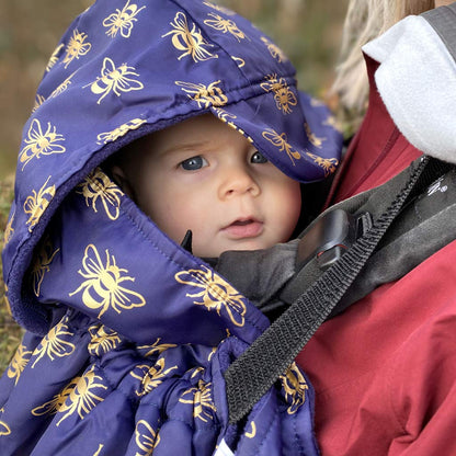 BundleBean - Babywearing All-Weather Waterproof Sling and Baby Carrier Cover (Gold Bees) - Rain Cover with Fleece Lining, Universal Fit, Fits Front & Back Carriers, Protection from Rain & Wind