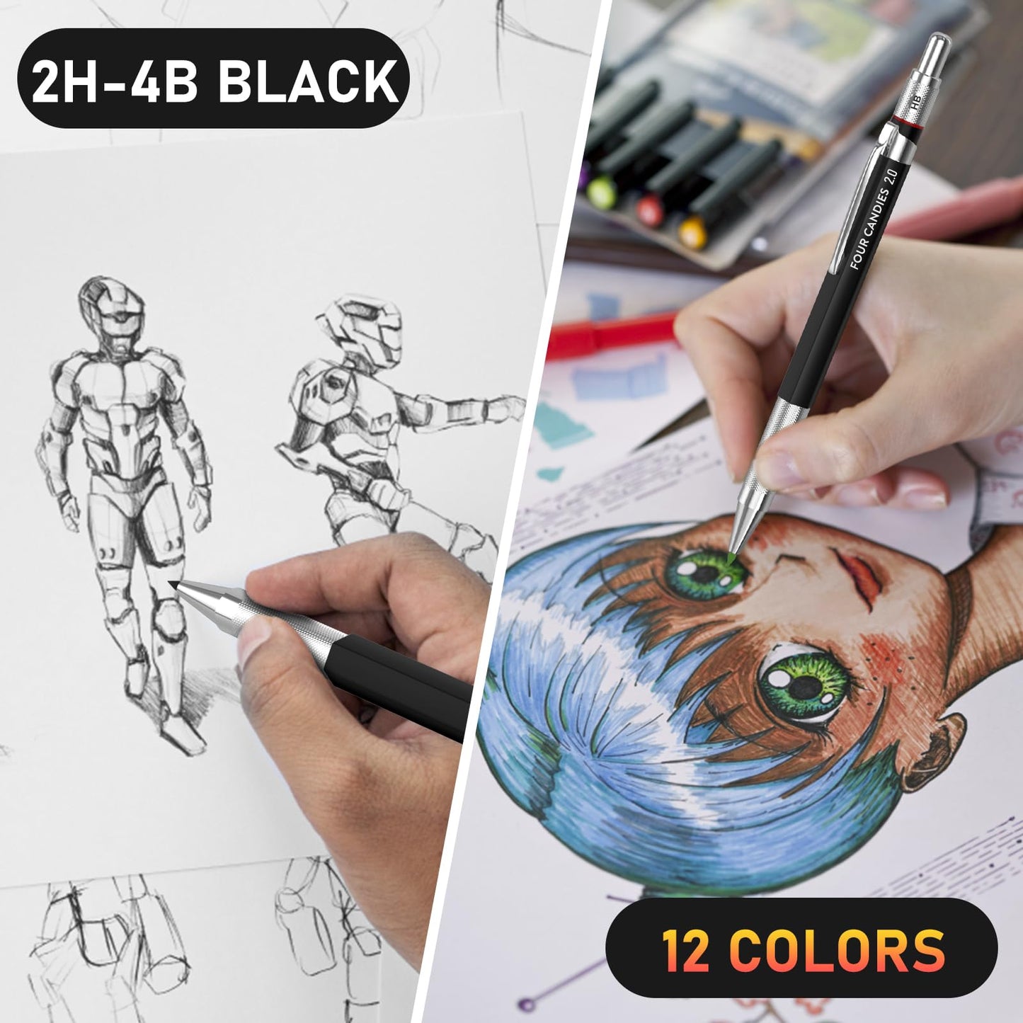 Four Candies 2MM Mechanical Pencil Set with case, Artist Led Pencil Metal Lead Holder with 60PCS Graphite Lead Refill (HB, 2H, 2B, 4B, Color) Kneaded Eraser, Sharpener for Writing, Drawing, Sketching