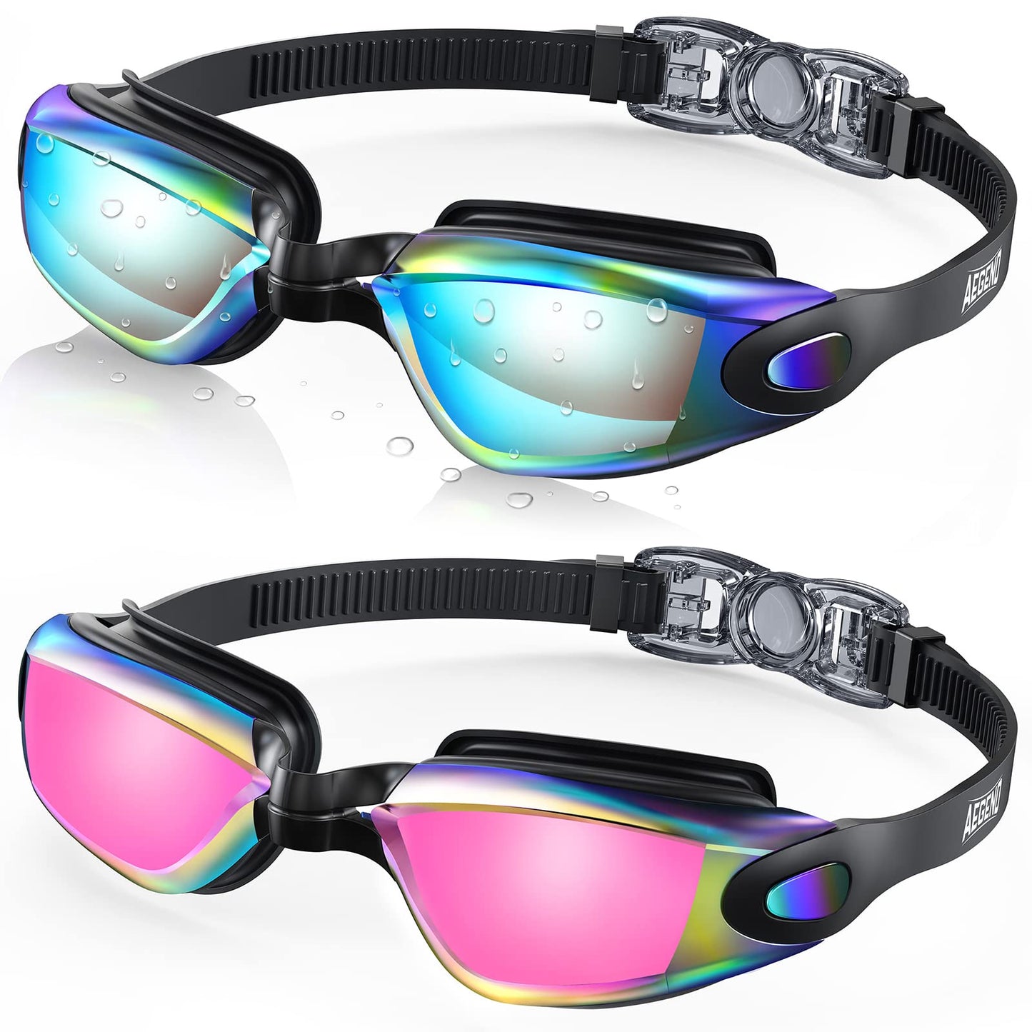 Aegend Swim Goggles 2-Pack, No Leaking Anti-Fog UV Protection Mirrored Swim Glasses for Adult Men Women, Wide View Outdoor