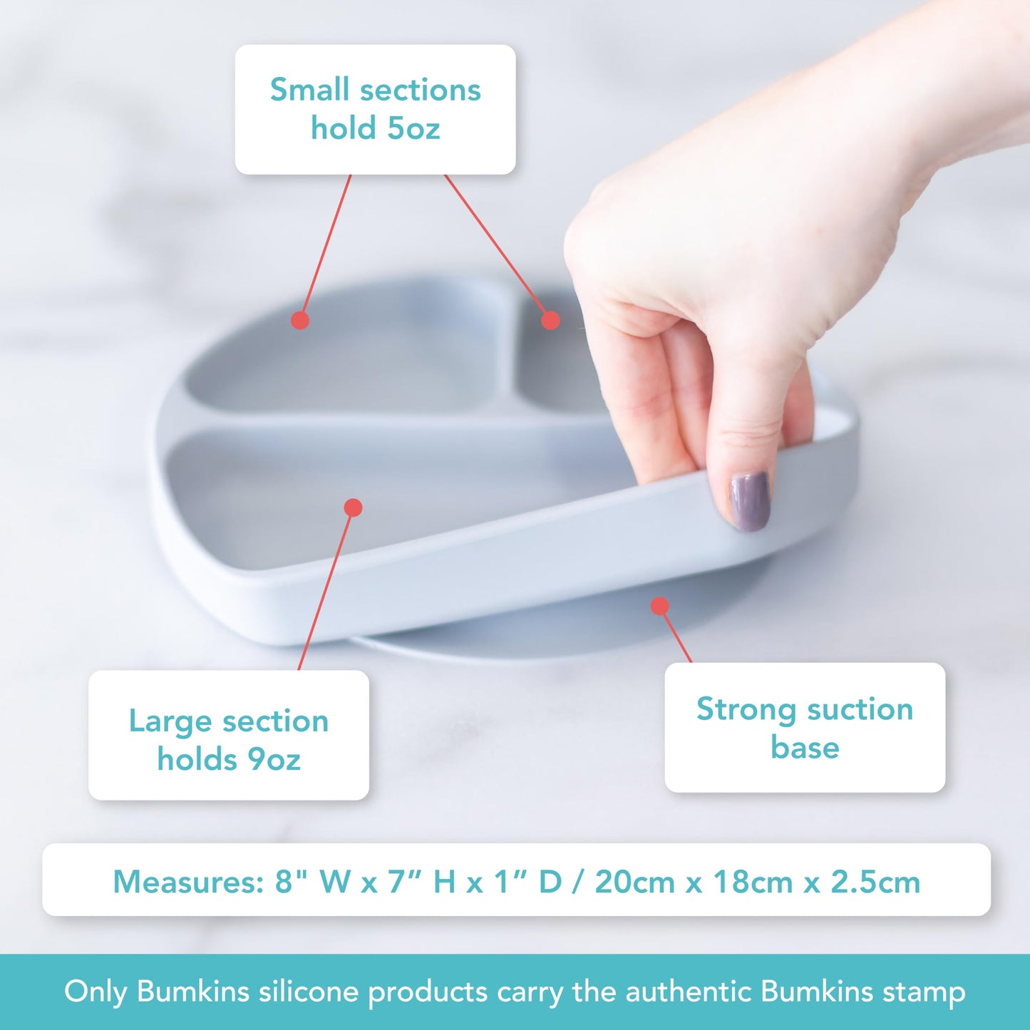 Bumkins Toddler and Baby Suction Plate, Divided Grip Dish for Babies and Kids, Baby Led Weaning, Feeding Supplies, Sticks to Tables and Highchairs, Platinum Silicone, for Chidren 6 Months, Gray