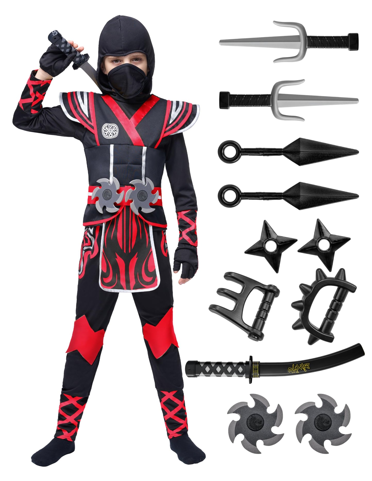 Spooktacular Creations Kids Red Ninja Costume, Child Boy Ninja Outfit Set, Halloween Costume for Toddler Themed Parties, Dress Up (Medium, 8-10 yrs)