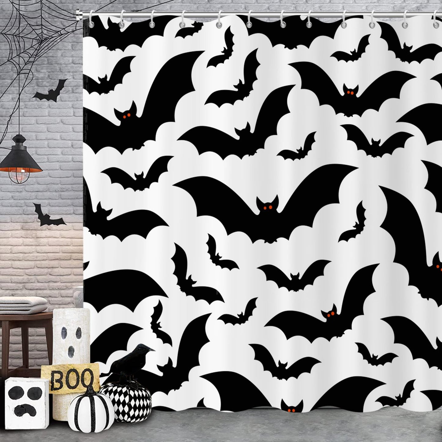 GCIREC Halloween Shower Curtain, Halloween Theme Black and White Bat Bathroom Curtain Halloween Party Decor Waterproof Fabric Machine Washable with 12 Hooks