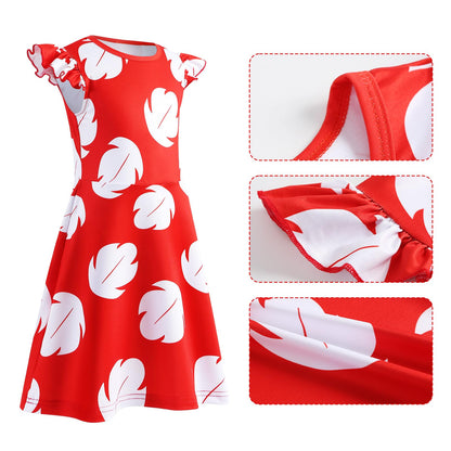 Hawaiian Little Girls Costume Dress with 4 Pcs Luau Flower Leis Accessories Set Red Flower Hair Clips Toddler Halloween Party Cosplay Outfit for 7-8 Years