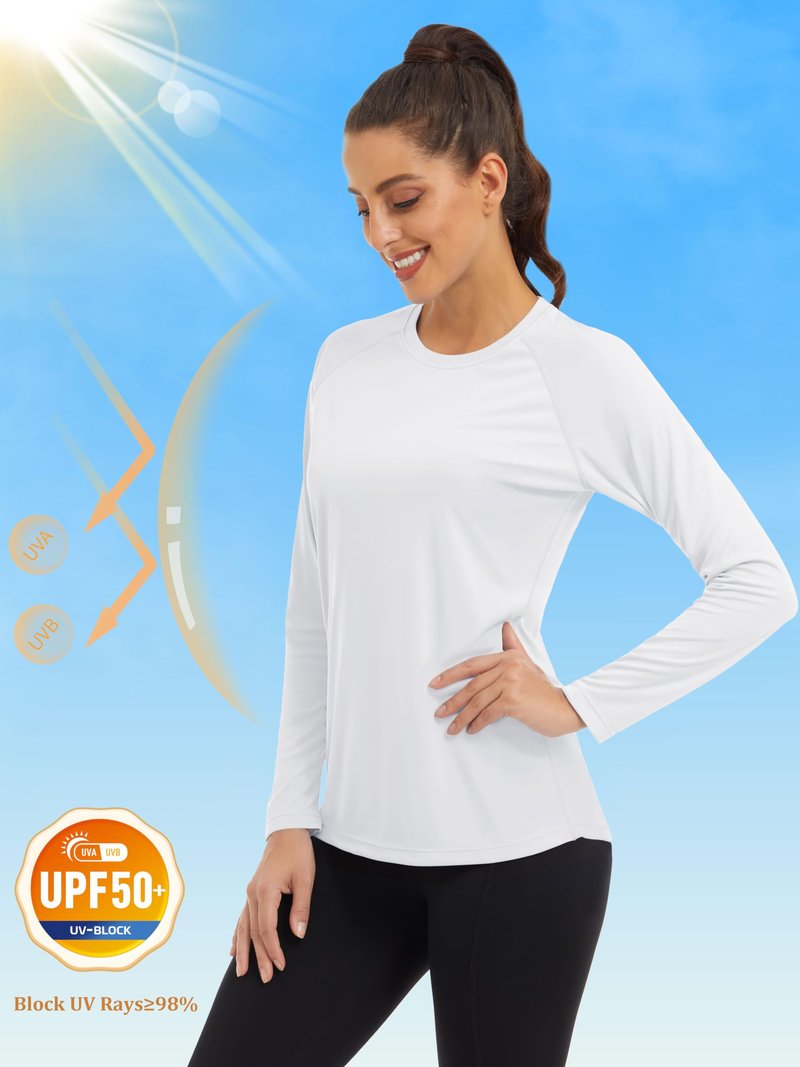 MAGCOMSEN Women's Long Sleeve Rash Guard Shirt - UV Protection, Hiking, Running, Fishing - White