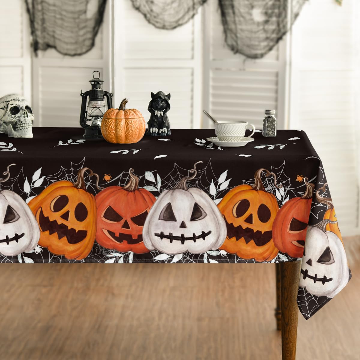 Horaldaily Halloween Tablecloth 60×84 Inch Rectangular, Black Orange Jack-O-Lantern Pumpkin Cobweb Washable Table Cover for Party Picnic Dinner Decor