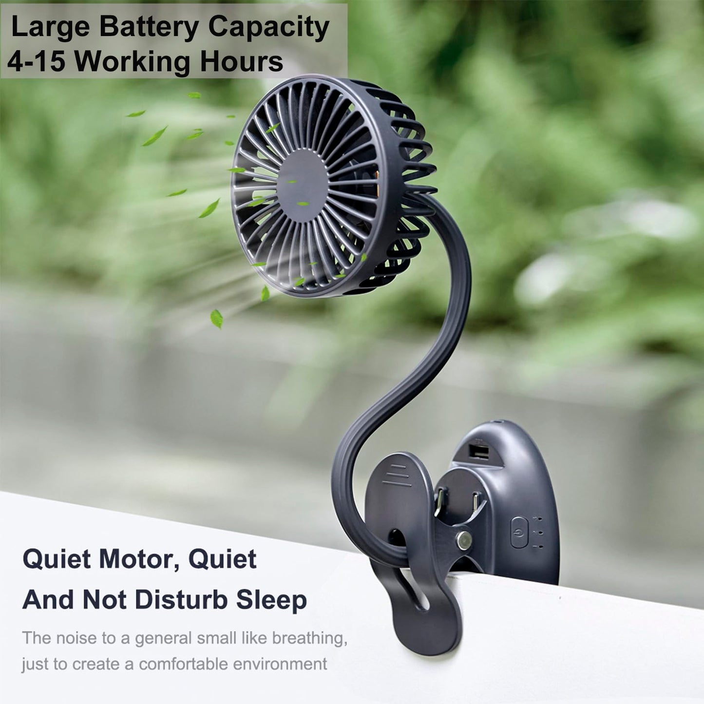 Clip On USB Mini Desk Fan with Emergency Power Bank, Battery Operated Rechargeable Portable Fan - Flexible Neck, 3 Speed Personal Cooling for Baby Stroller, Car, Camping, Office, Dorm, Beach - Black
