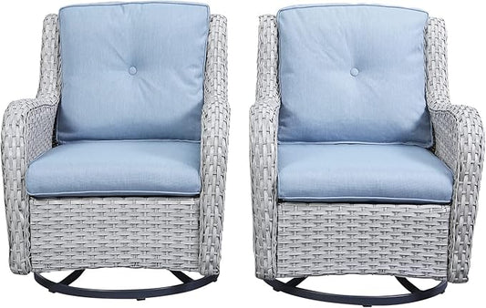 Rilyson Wicker Rocking Chair Swivel Chairs - 2 Piece Rocker Patio Chairs Set Rattan Rocking Chair for Outdoor Porch Deck Garden Backyard(Light Grey/Sky Blue)