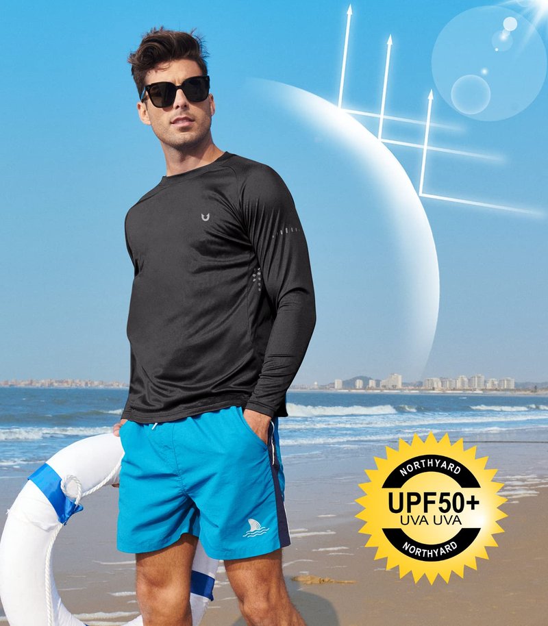 NORTHYARD Men's Sun Protection Shirts UPF 50+ Long Sleeve Swim Rash Guard Shirt Running Workout Athletic Hiking UV Fishing Black L