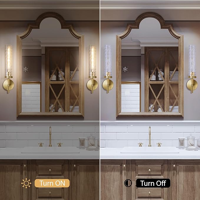 Gold Sconces Wall Lighting 19.48" with Rippled Glass Shade, Solid Knurled Brass Wall Sconces, Vintage Industrial Sconce Lamps for Bedroom Bathroom Entryway & Staircase Mirror Decor(Including Bulb)