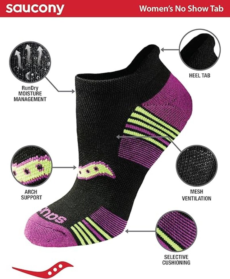 Saucony Women's RunDry Performance 8, 16 Pairs Heel Tab Athletic Socks, S-L, Black Assorted (16 Pairs), Large