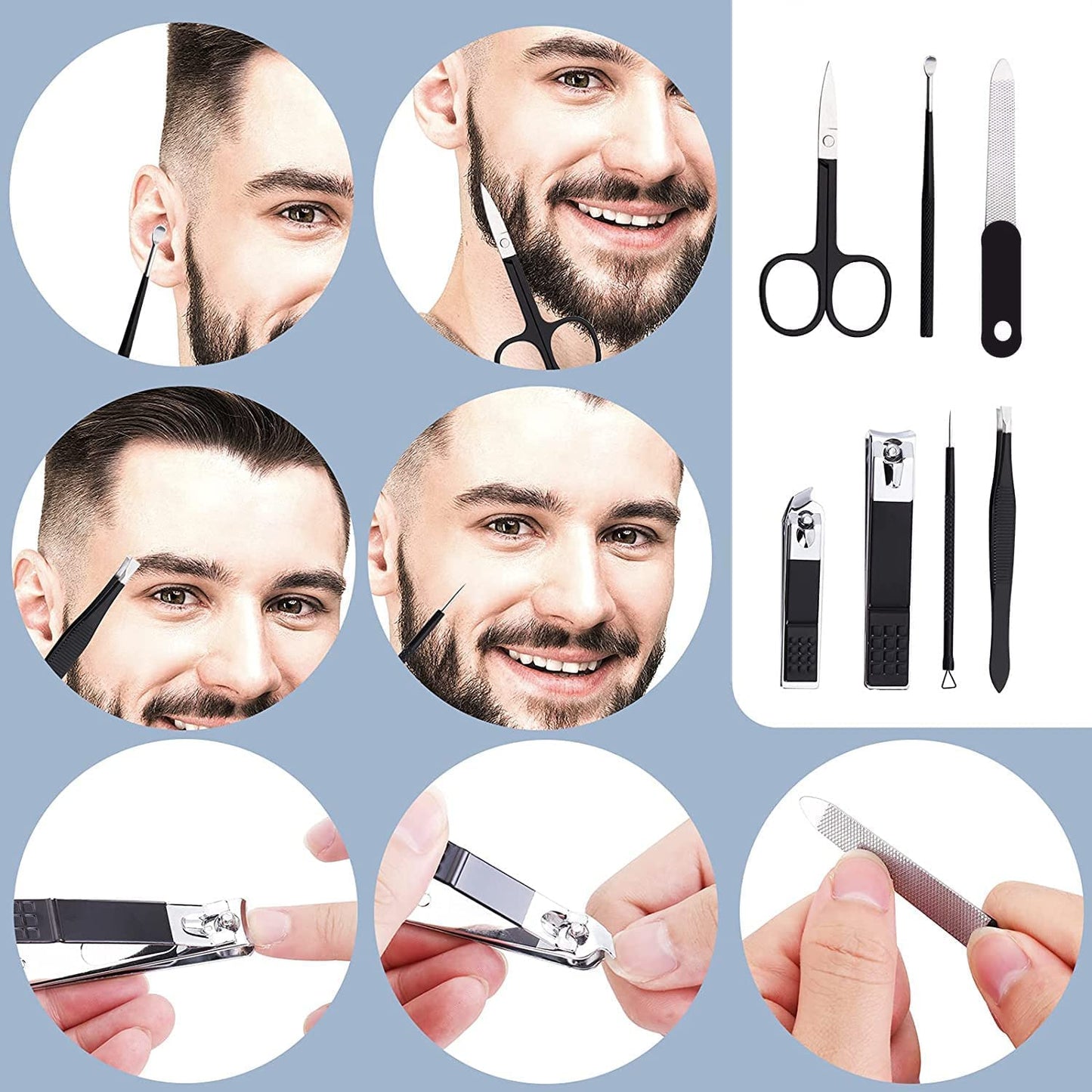 Manicure Set Personal Care Nail Clipper Kit 8Pcs Stainless Steel Manicure Kit Grooming Kit with Luxurious Travel Case Gift for Men Husband Boyfriend Parents Women Elder Patient Nail Care Tools(Black)