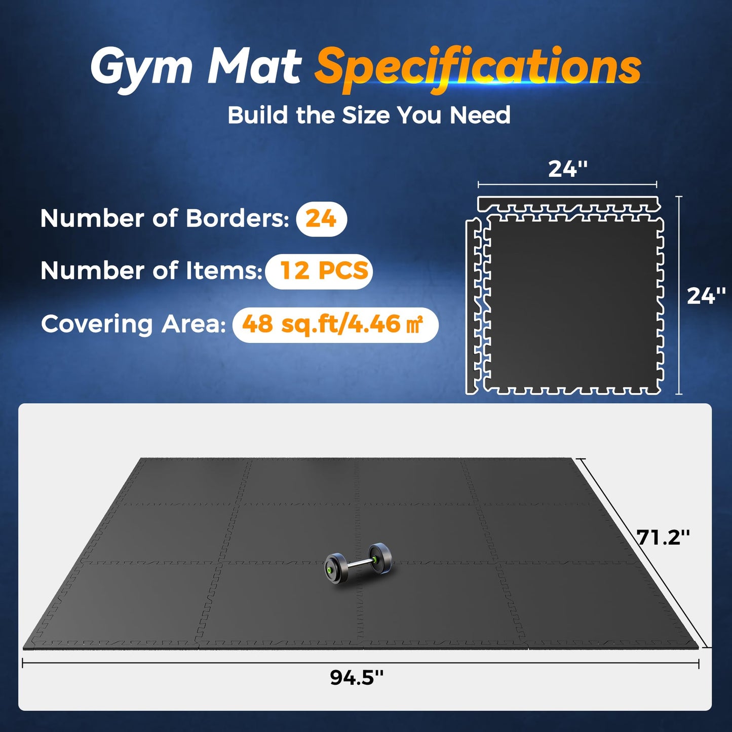 SUPERJARE 1" Extra-Thick Rubber Top Exercise Mat, Puzzle Gym Flooring for Home Gym, Gym Mat for Workout Equipment, Interlocking Floor Tiles with EVA Foam, 12 Pcs 48 Sq Ft, Black