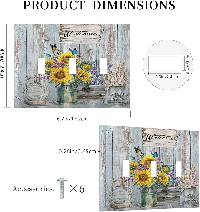 Sunflower Vintage Barn Wooden 3 Gang Light Switch Covers Sun floral Triple Toggle Wall Plate Decorative Switchplate Electrical Faceplate Farmhouse Home Livingroom Decor
