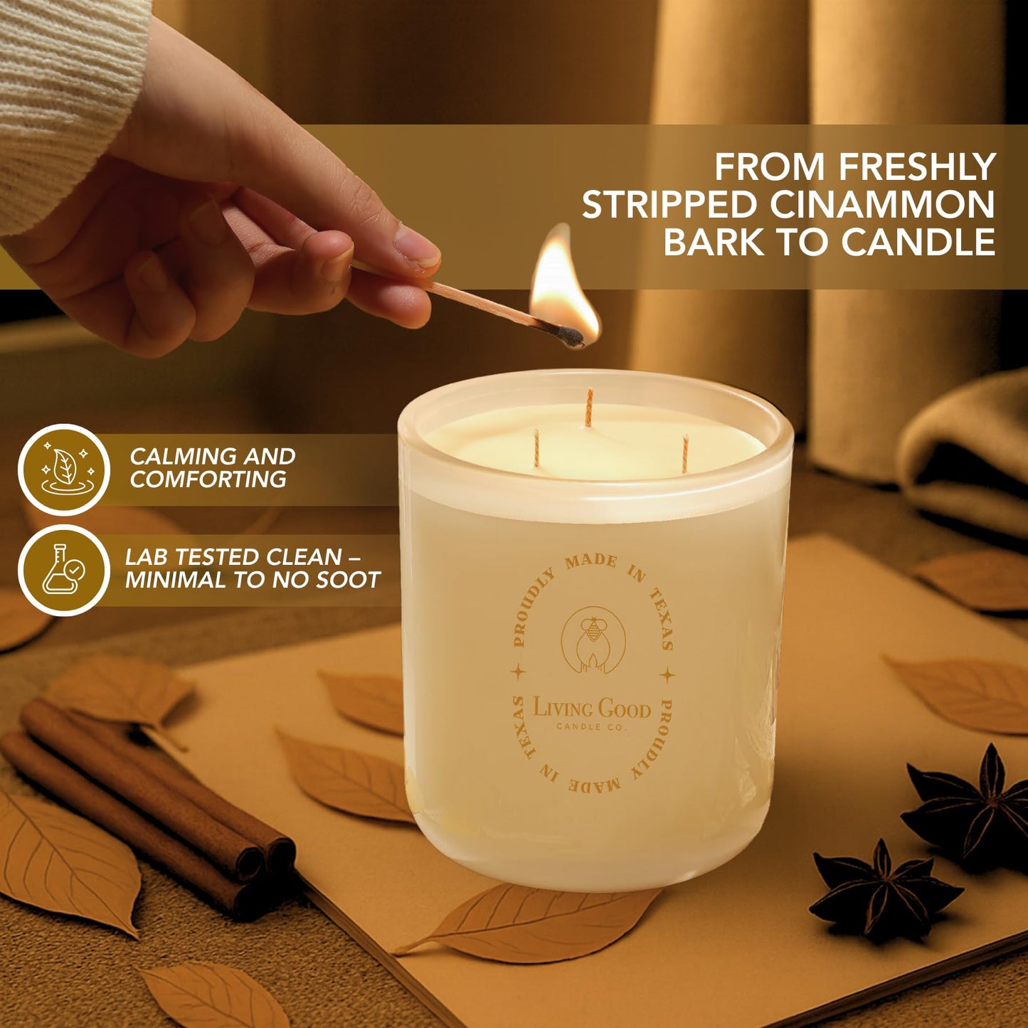 Fall Fresh Cinnamon Bark Essential Oil - Warm & Spicy Pure Beeswax Candle - 90+ Hours Long Burning - Non-Toxic Scented Candles for Autum Home Decor & Aromatherapy for Anxiety Relief - Natural - 15 OZ