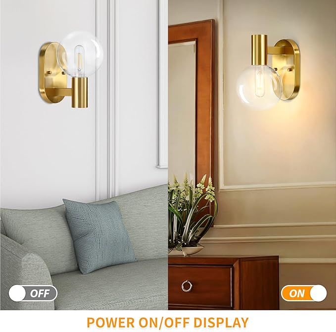 Indoor Outdoor Wall Light Fixture, Golden Bathroom Vanity Light, Bathroom Wall Light Fixture Over Mirror, Modern Brass Wall Sconce with Globe Glass for Hallway, Bedroom